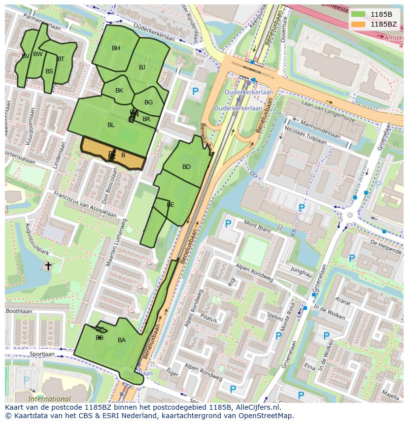 Afbeelding van het postcodegebied 1185 BZ op de kaart.