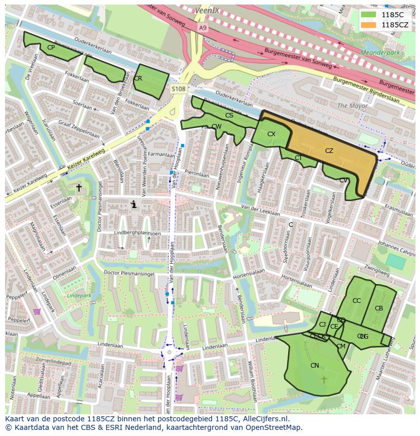 Afbeelding van het postcodegebied 1185 CZ op de kaart.
