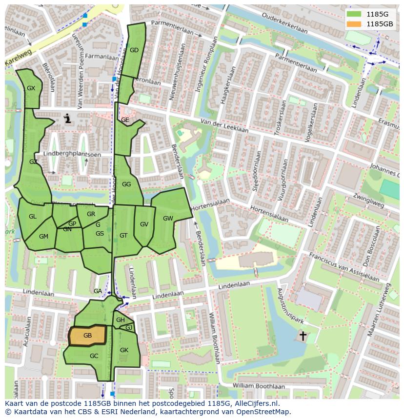 Afbeelding van het postcodegebied 1185 GB op de kaart.