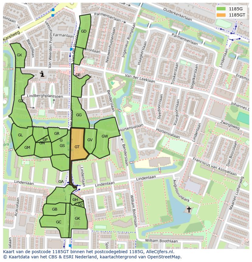 Afbeelding van het postcodegebied 1185 GT op de kaart.