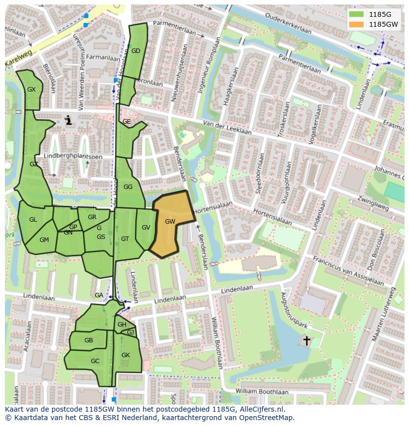 Afbeelding van het postcodegebied 1185 GW op de kaart.