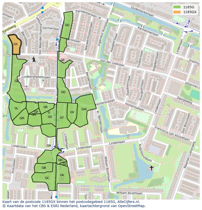 Afbeelding van het postcodegebied 1185 GX op de kaart.