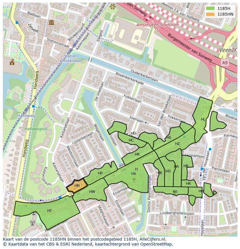 Afbeelding van het postcodegebied 1185 HN op de kaart.