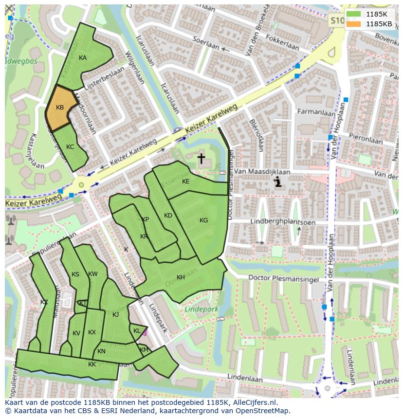 Afbeelding van het postcodegebied 1185 KB op de kaart.