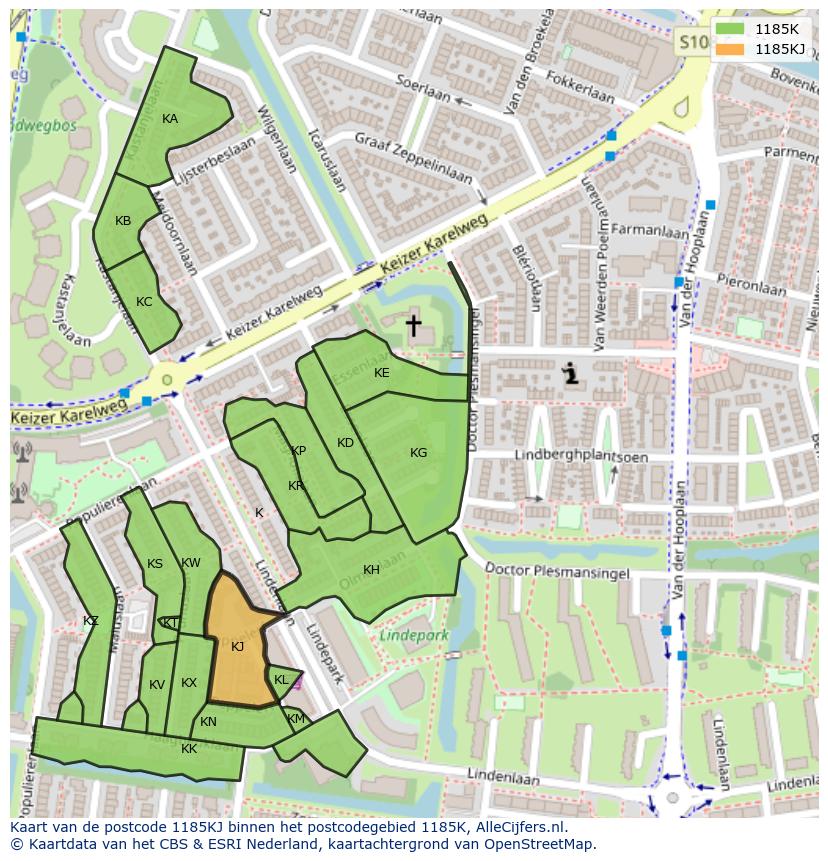Afbeelding van het postcodegebied 1185 KJ op de kaart.