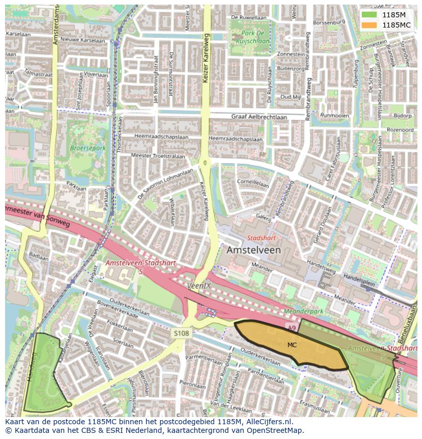 Afbeelding van het postcodegebied 1185 MC op de kaart.