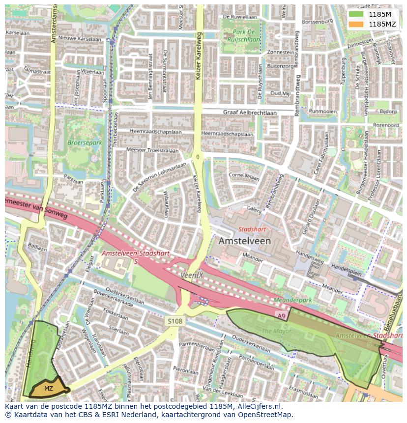 Afbeelding van het postcodegebied 1185 MZ op de kaart.