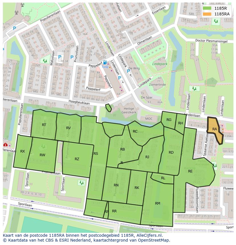 Afbeelding van het postcodegebied 1185 RA op de kaart.