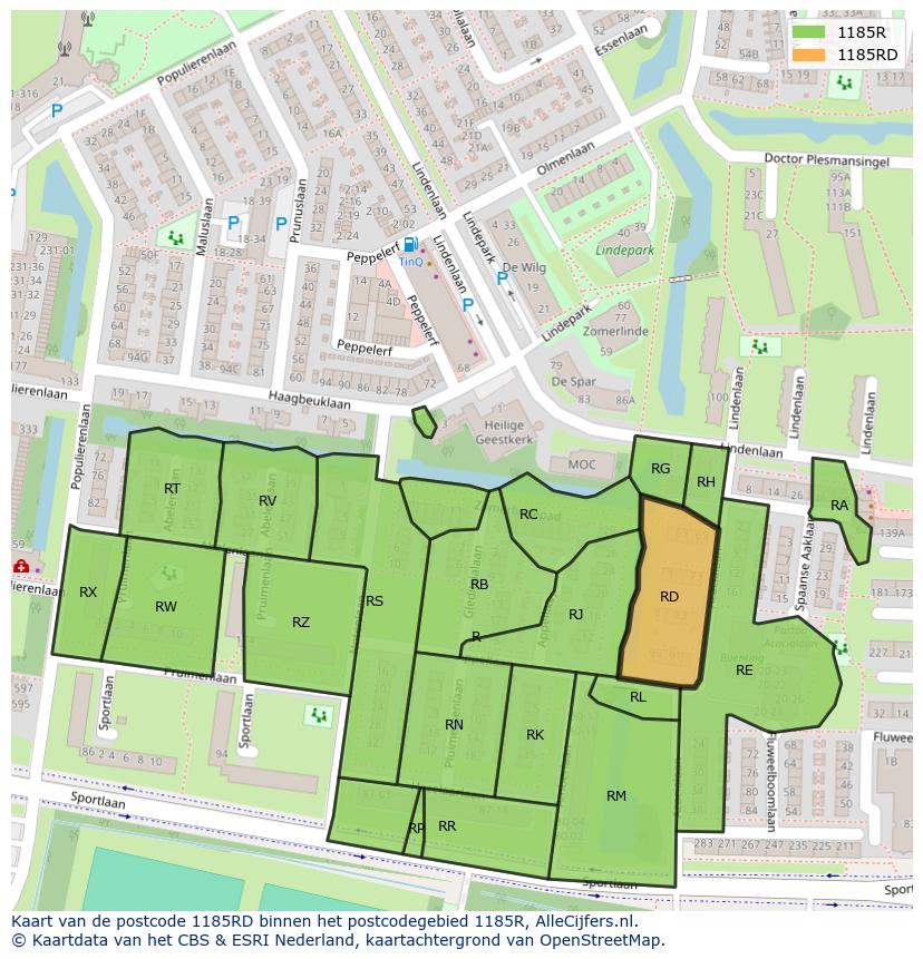 Afbeelding van het postcodegebied 1185 RD op de kaart.