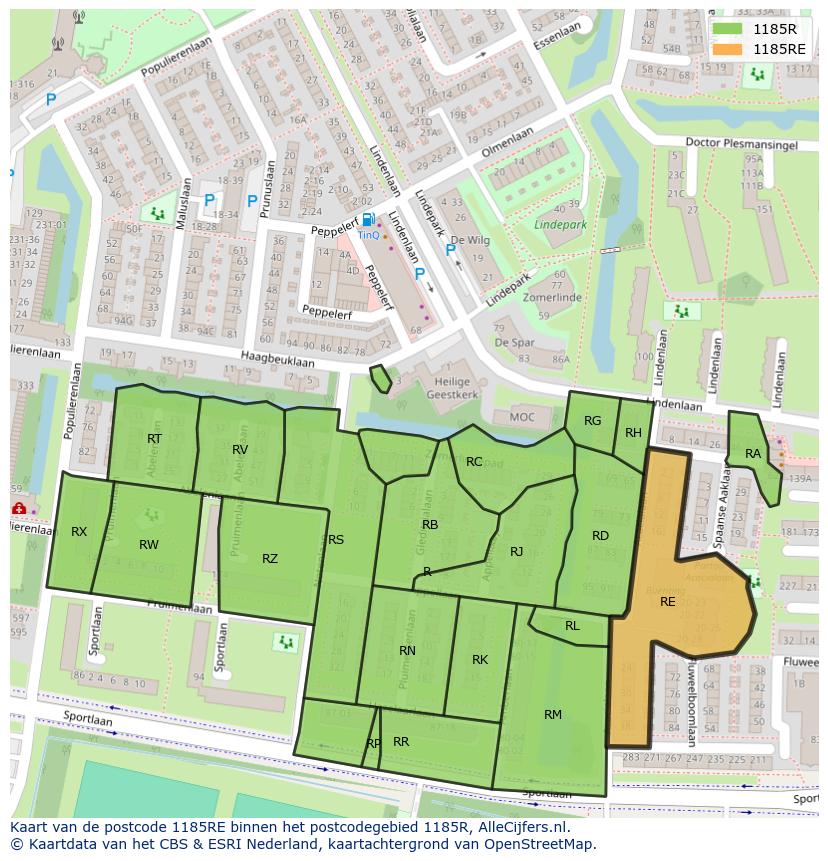 Afbeelding van het postcodegebied 1185 RE op de kaart.