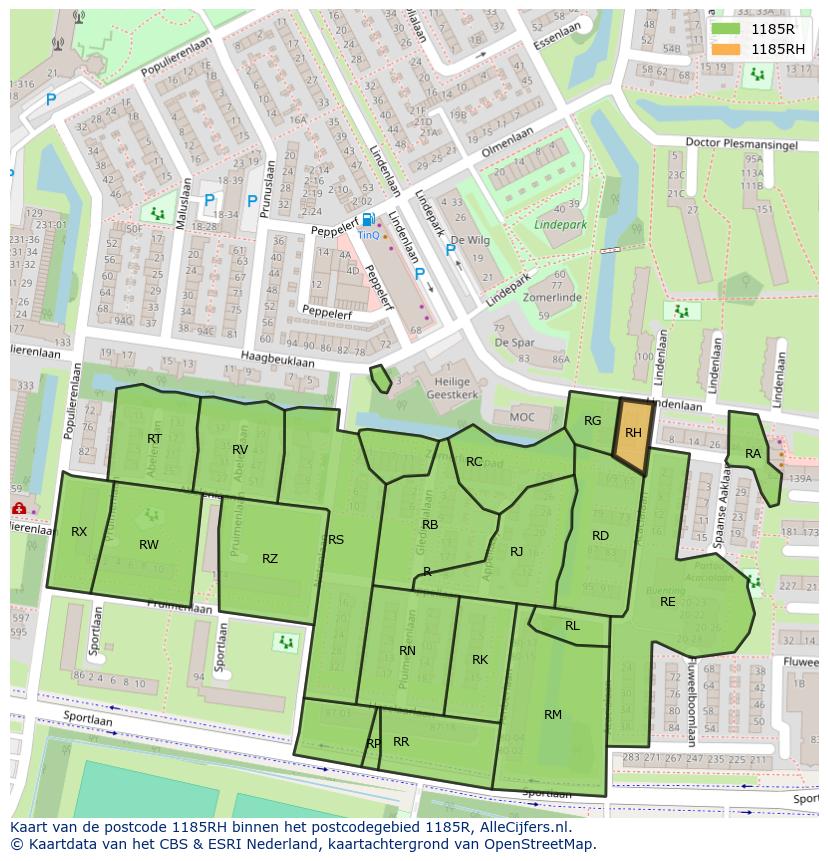Afbeelding van het postcodegebied 1185 RH op de kaart.