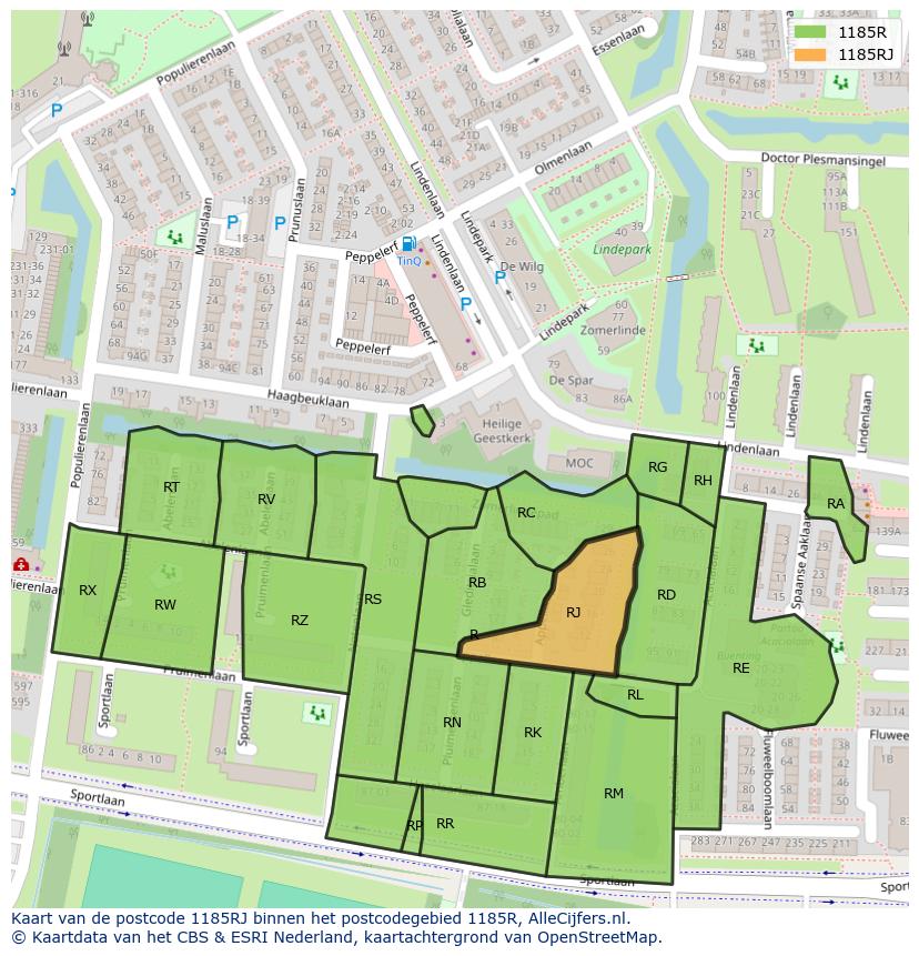 Afbeelding van het postcodegebied 1185 RJ op de kaart.