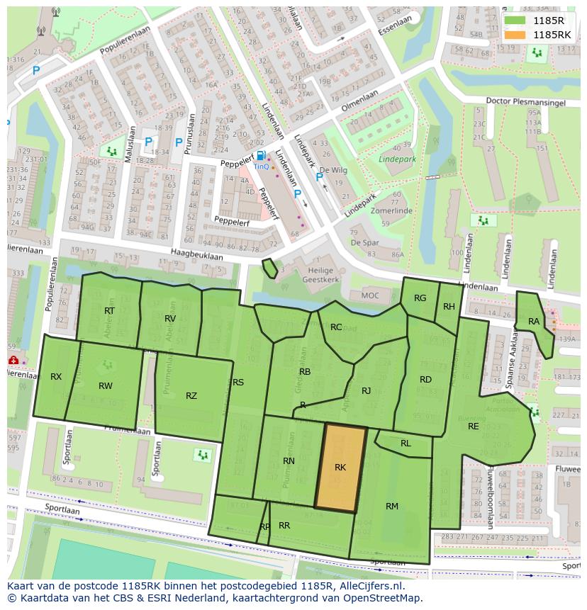 Afbeelding van het postcodegebied 1185 RK op de kaart.