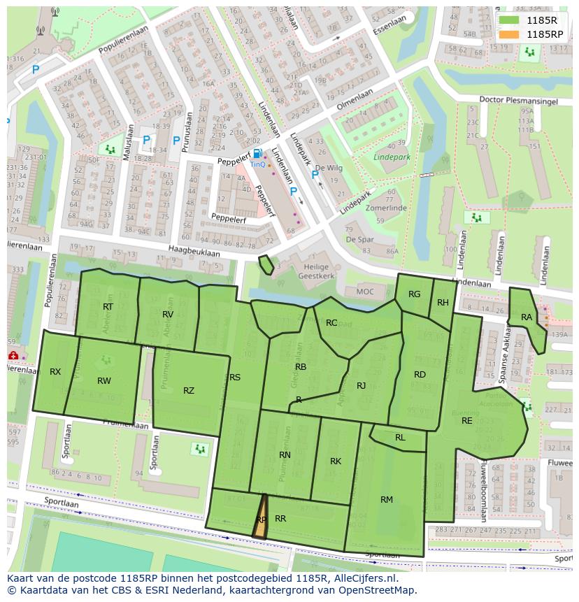 Afbeelding van het postcodegebied 1185 RP op de kaart.