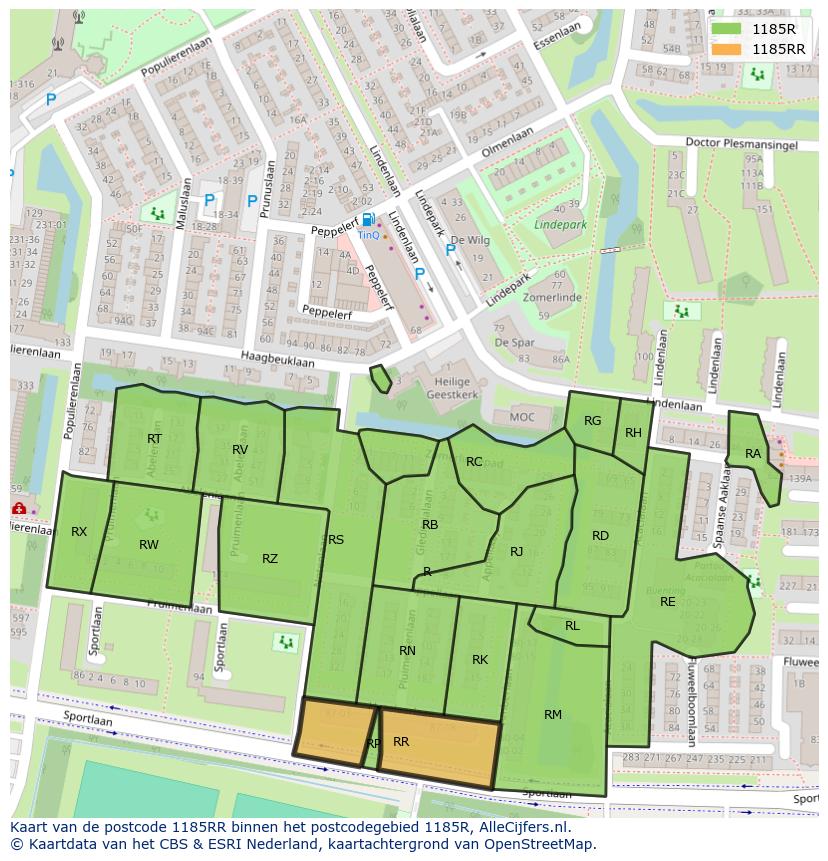Afbeelding van het postcodegebied 1185 RR op de kaart.