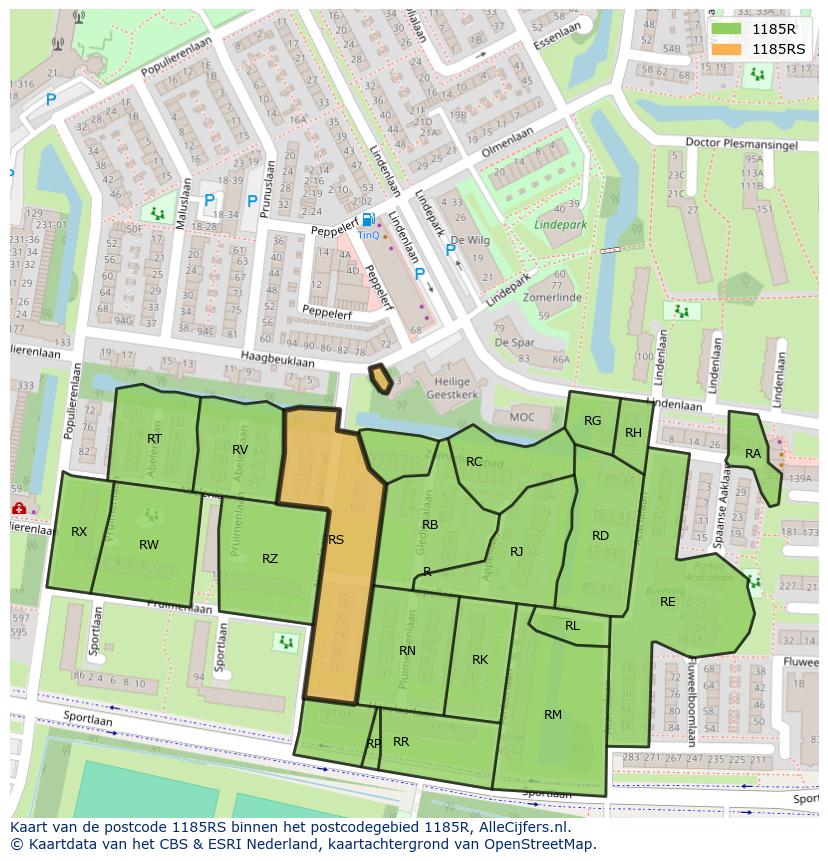 Afbeelding van het postcodegebied 1185 RS op de kaart.