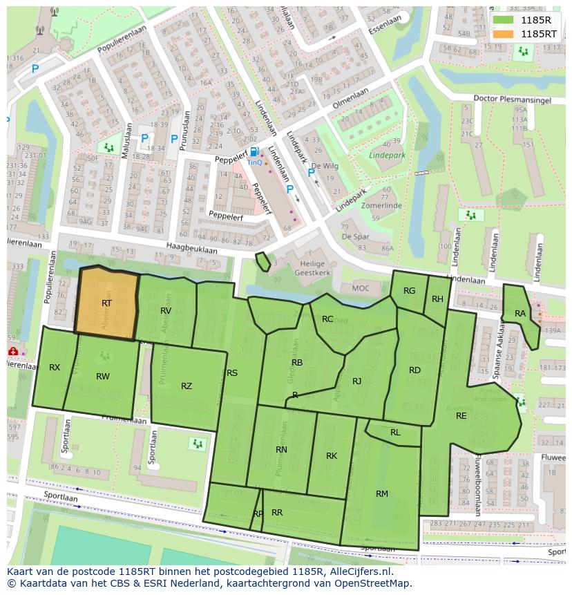 Afbeelding van het postcodegebied 1185 RT op de kaart.