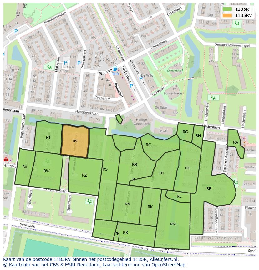 Afbeelding van het postcodegebied 1185 RV op de kaart.
