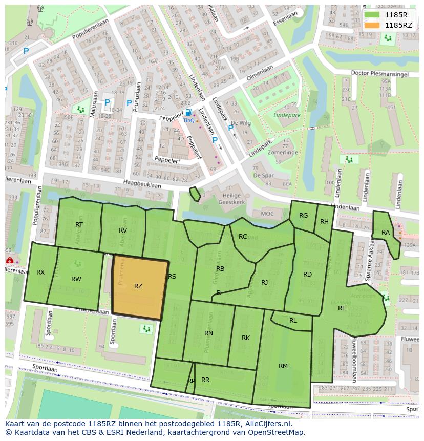 Afbeelding van het postcodegebied 1185 RZ op de kaart.