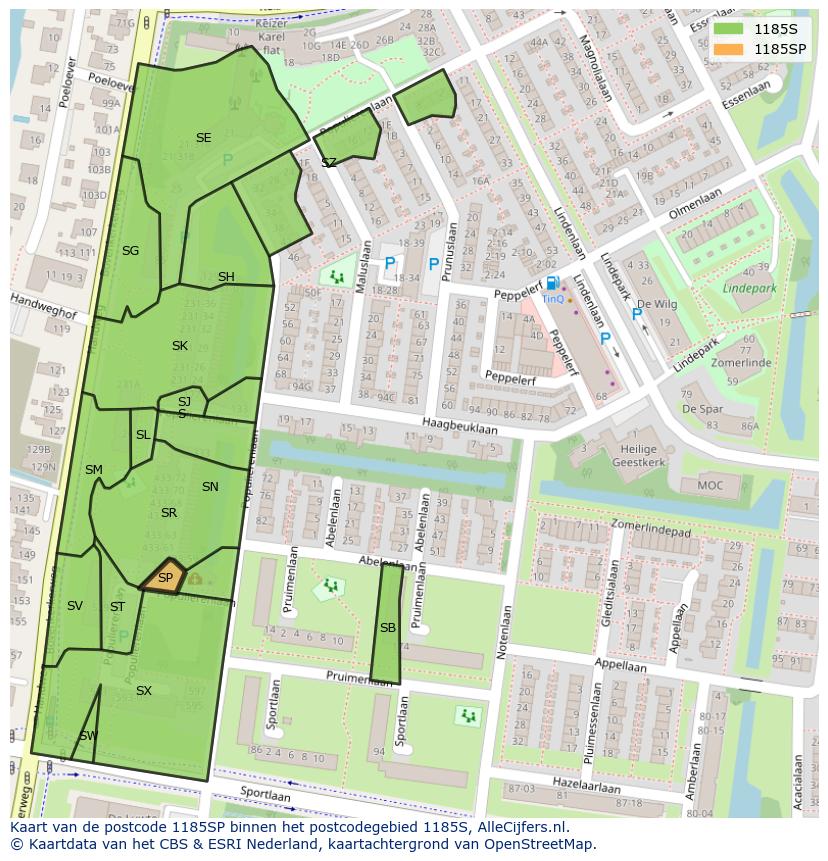 Afbeelding van het postcodegebied 1185 SP op de kaart.