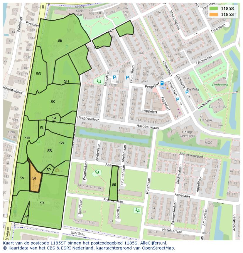 Afbeelding van het postcodegebied 1185 ST op de kaart.