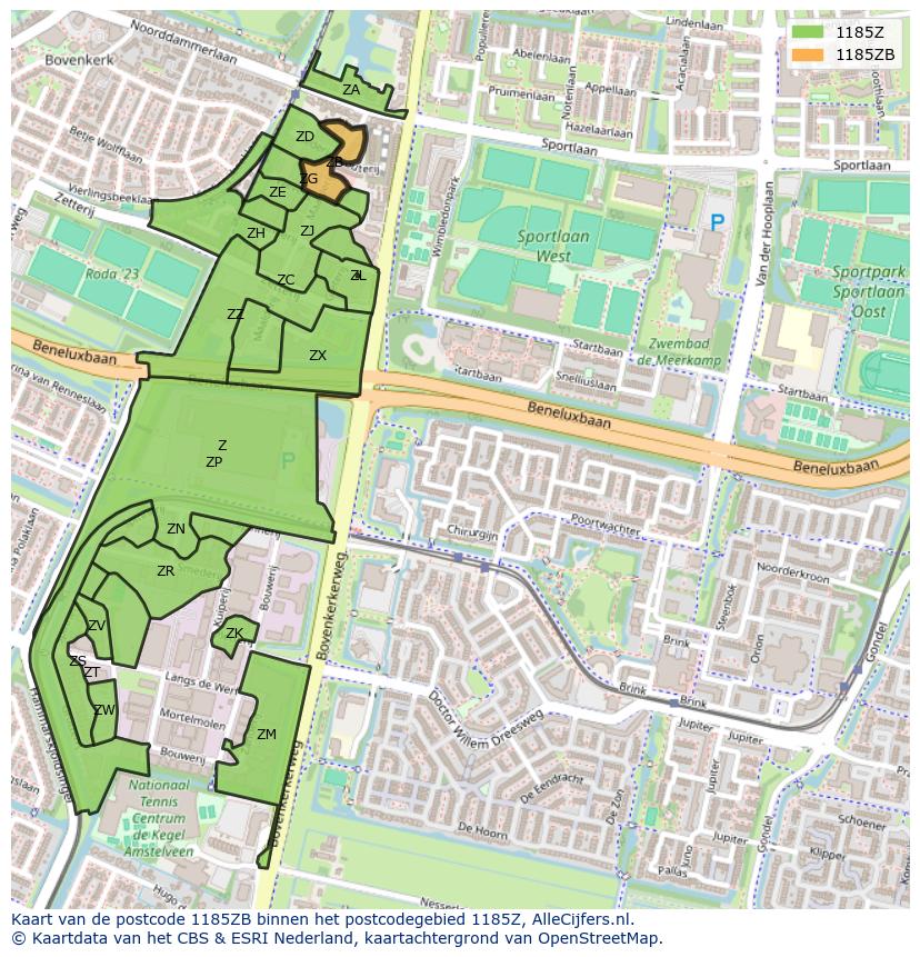 Afbeelding van het postcodegebied 1185 ZB op de kaart.