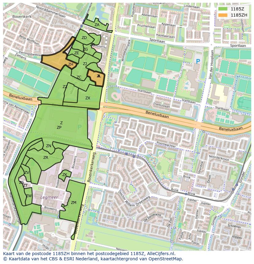 Afbeelding van het postcodegebied 1185 ZH op de kaart.