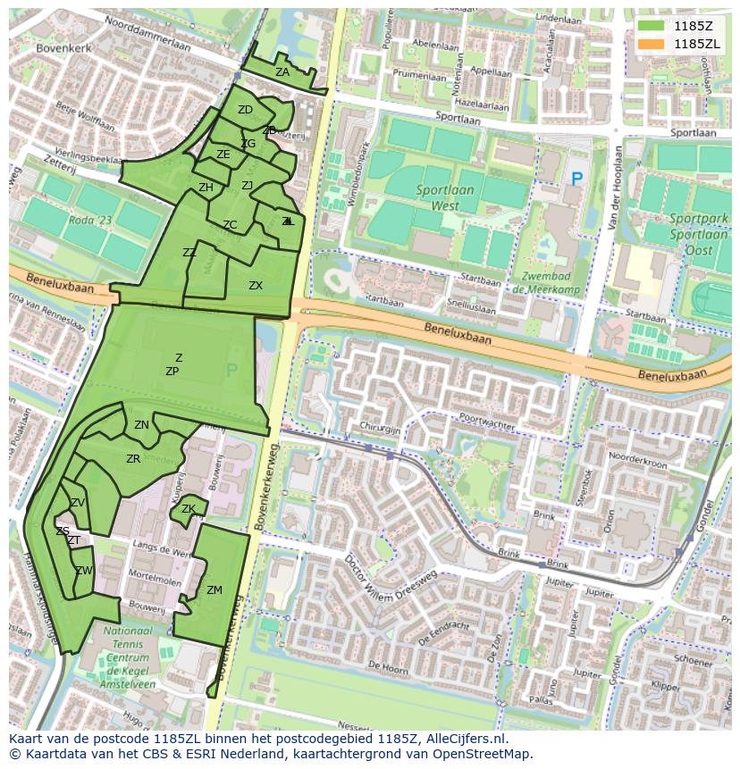 Afbeelding van het postcodegebied 1185 ZL op de kaart.
