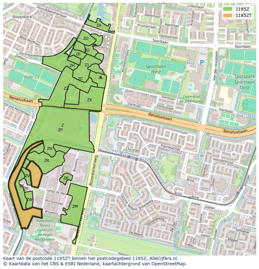 Afbeelding van het postcodegebied 1185 ZT op de kaart.