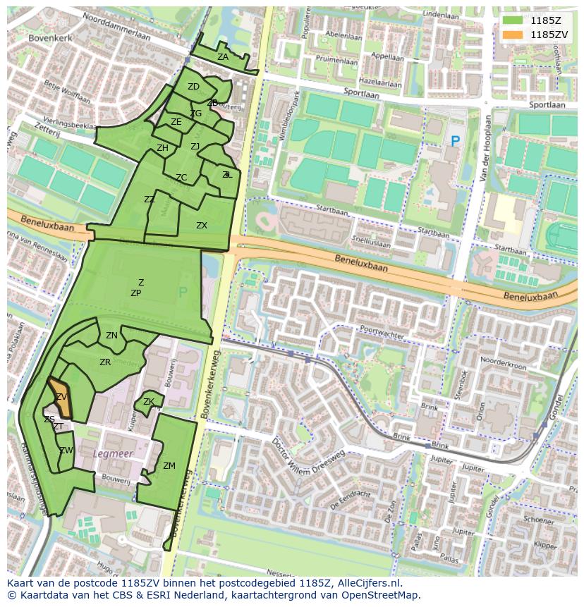 Afbeelding van het postcodegebied 1185 ZV op de kaart.
