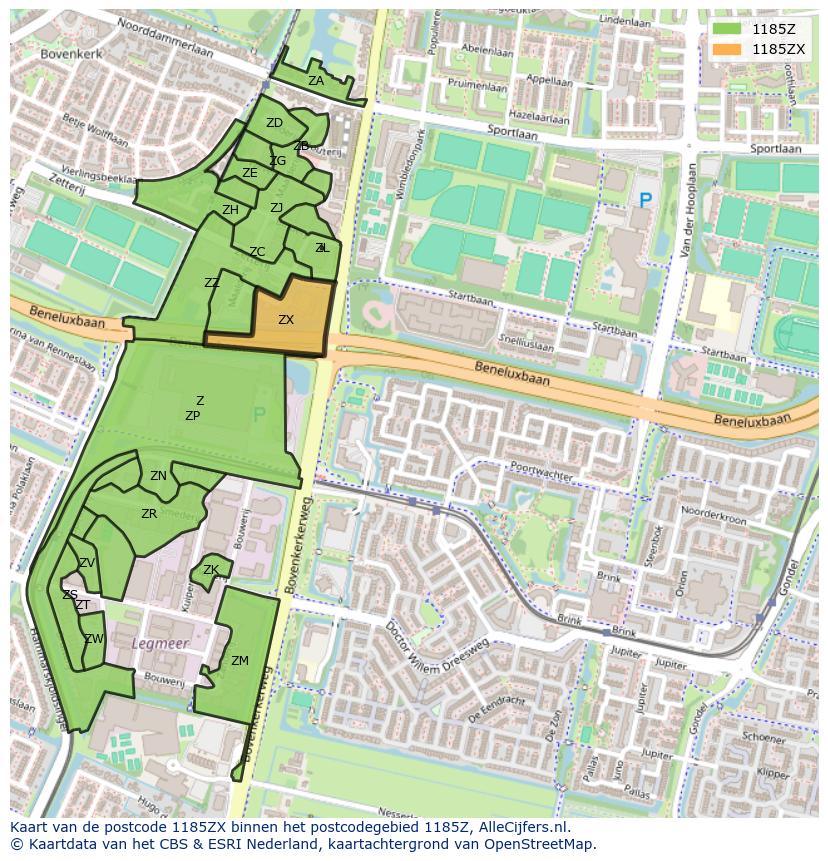 Afbeelding van het postcodegebied 1185 ZX op de kaart.