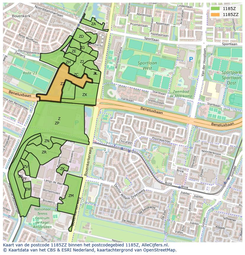 Afbeelding van het postcodegebied 1185 ZZ op de kaart.