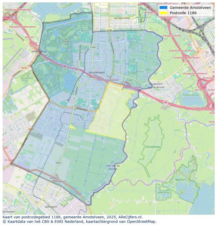 Afbeelding van het postcodegebied 1186 op de kaart.