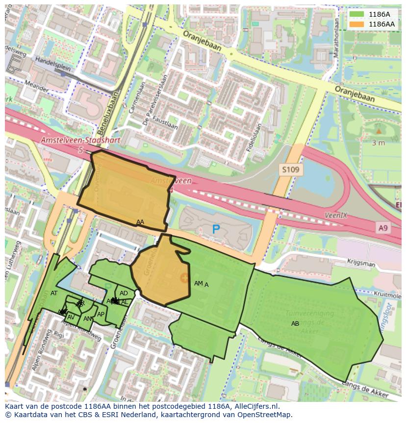 Afbeelding van het postcodegebied 1186 AA op de kaart.