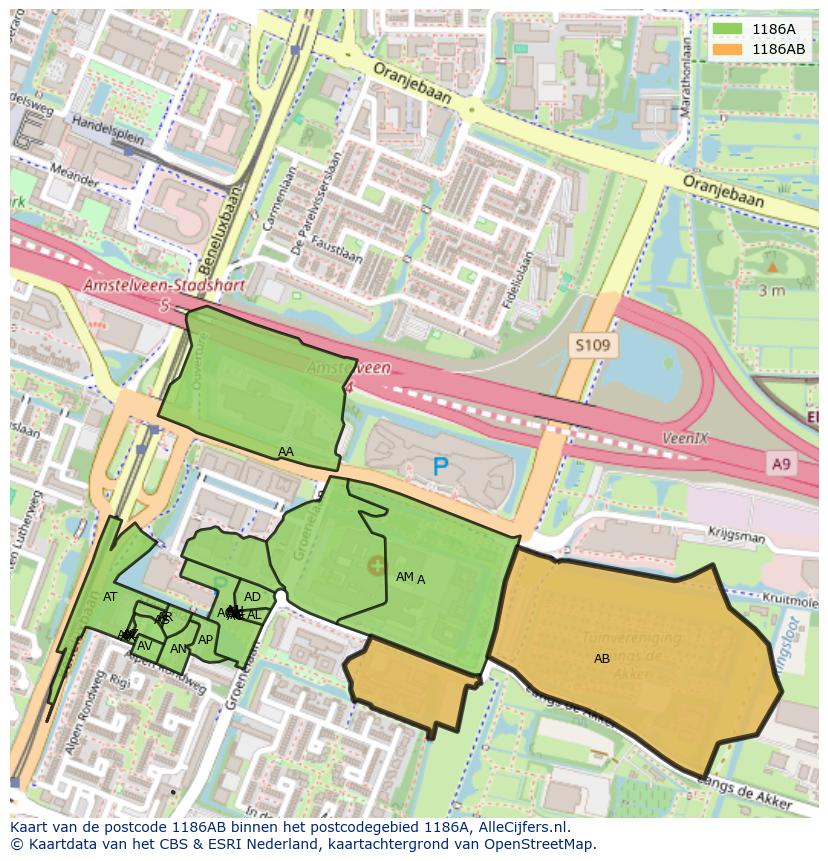 Afbeelding van het postcodegebied 1186 AB op de kaart.