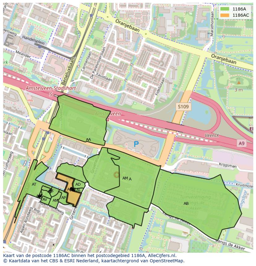 Afbeelding van het postcodegebied 1186 AC op de kaart.