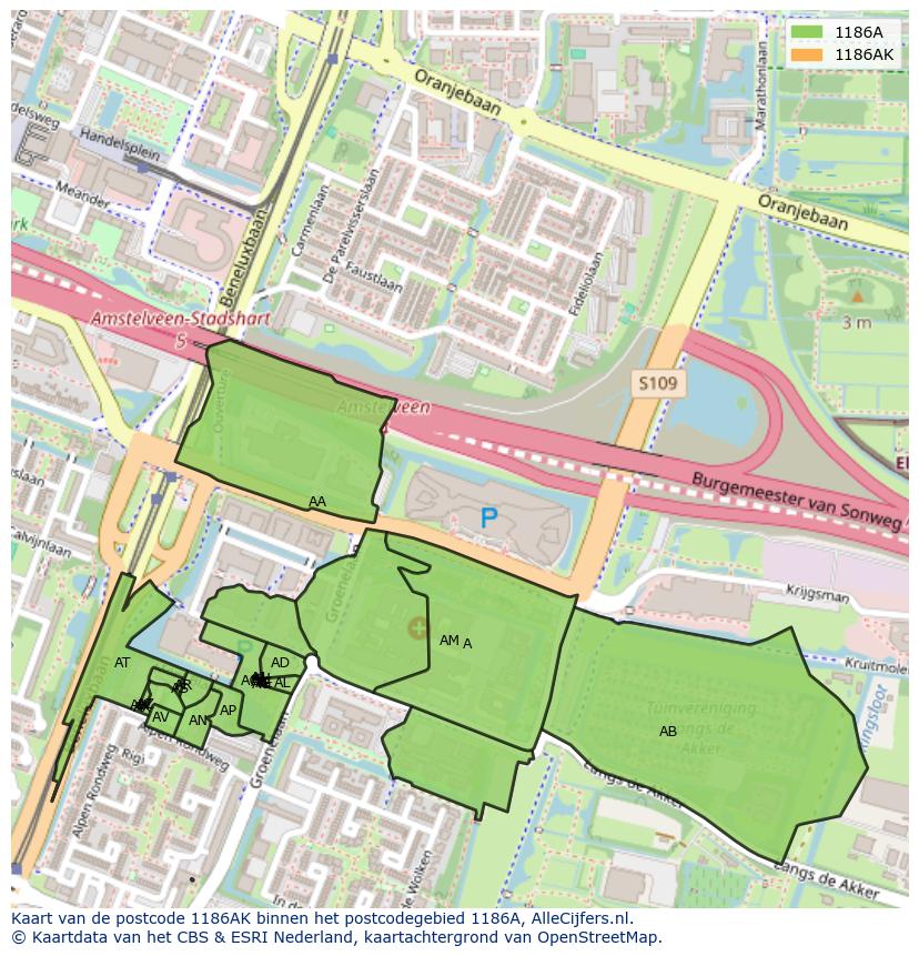 Afbeelding van het postcodegebied 1186 AK op de kaart.