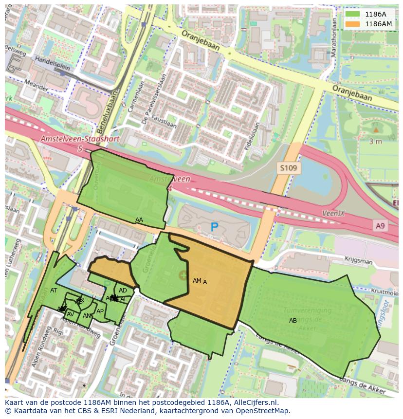 Afbeelding van het postcodegebied 1186 AM op de kaart.