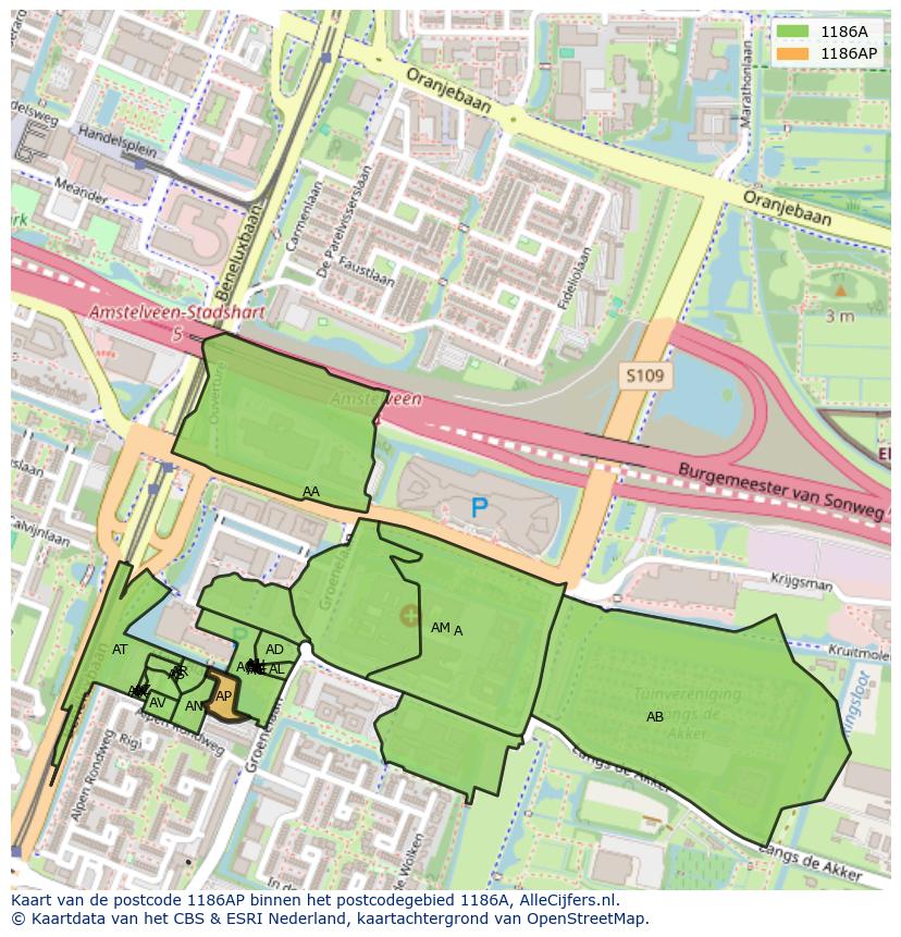 Afbeelding van het postcodegebied 1186 AP op de kaart.