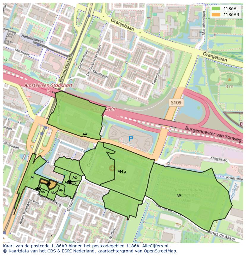 Afbeelding van het postcodegebied 1186 AR op de kaart.
