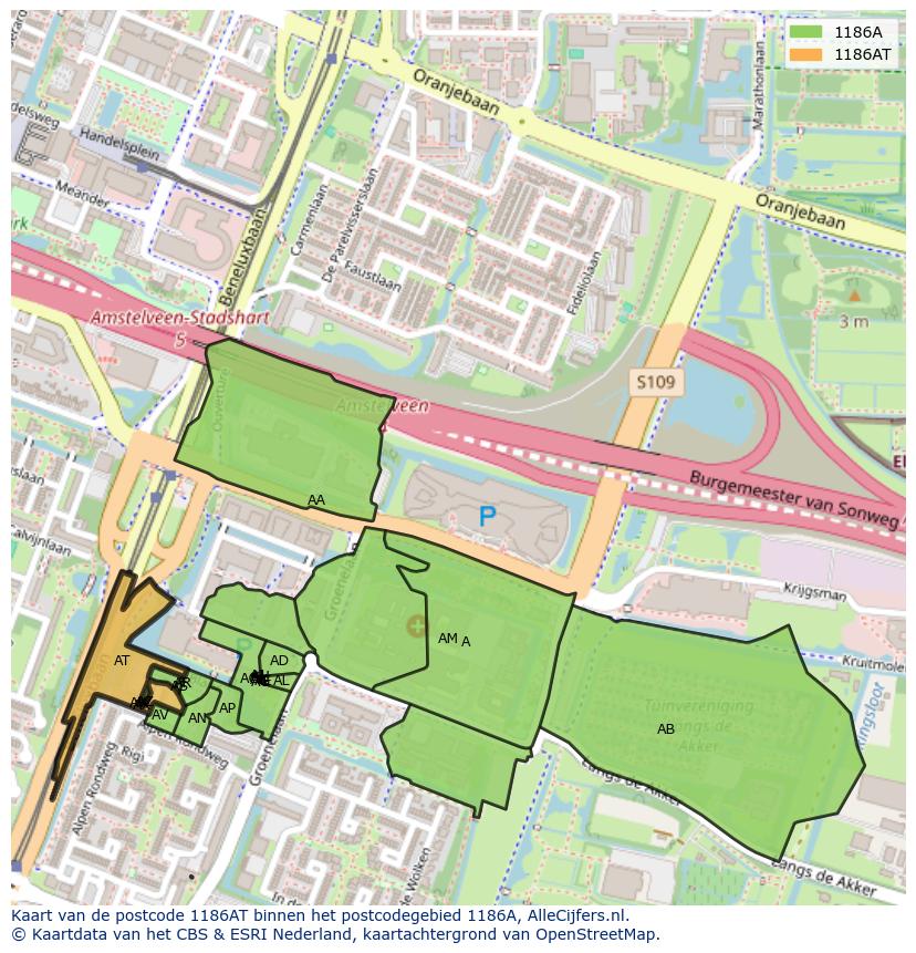 Afbeelding van het postcodegebied 1186 AT op de kaart.