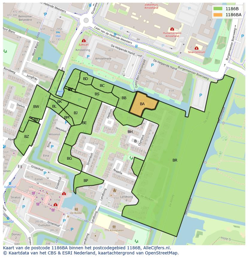 Afbeelding van het postcodegebied 1186 BA op de kaart.