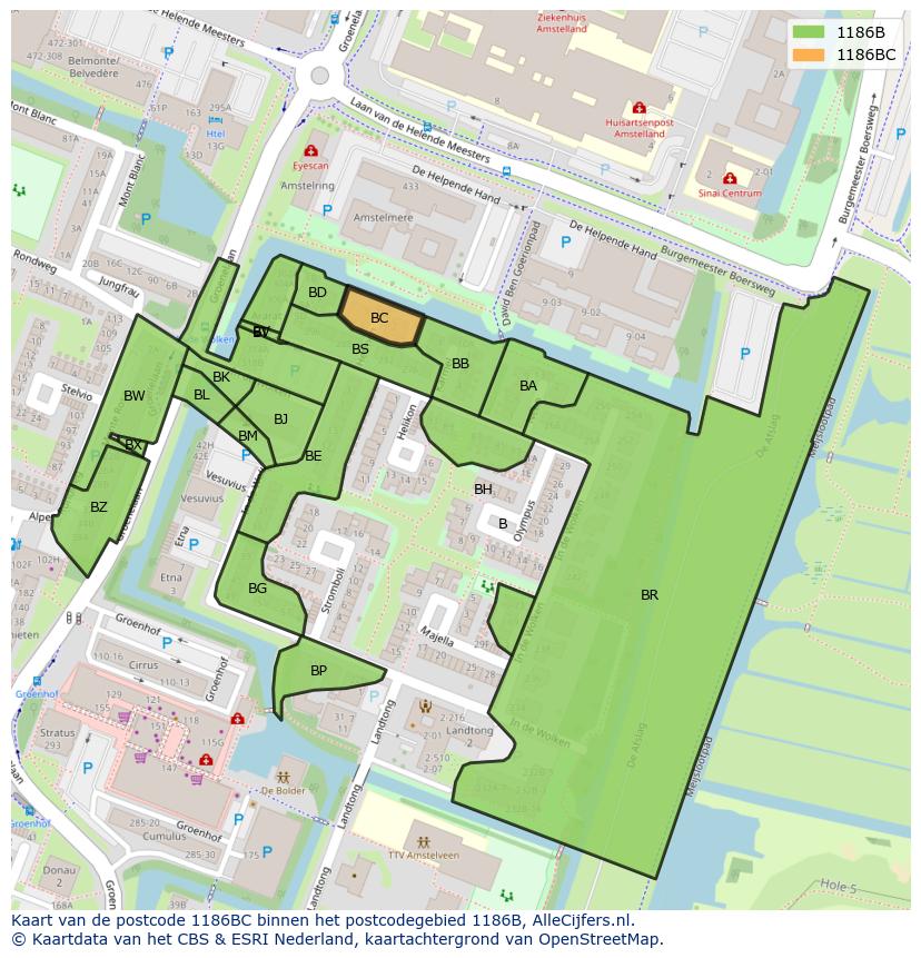 Afbeelding van het postcodegebied 1186 BC op de kaart.