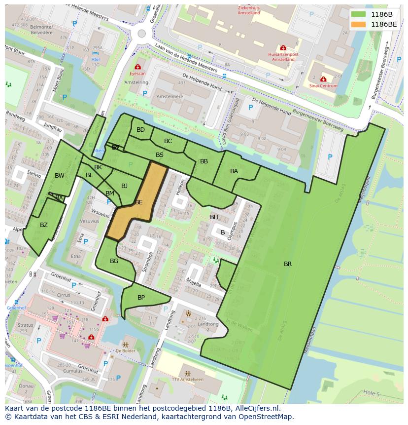 Afbeelding van het postcodegebied 1186 BE op de kaart.