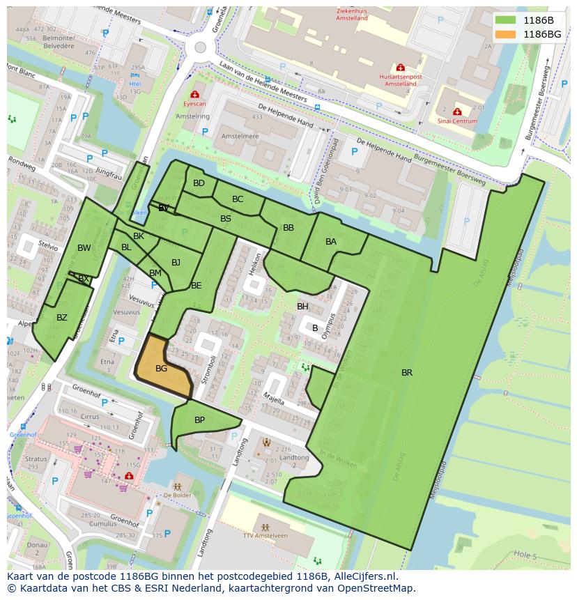 Afbeelding van het postcodegebied 1186 BG op de kaart.