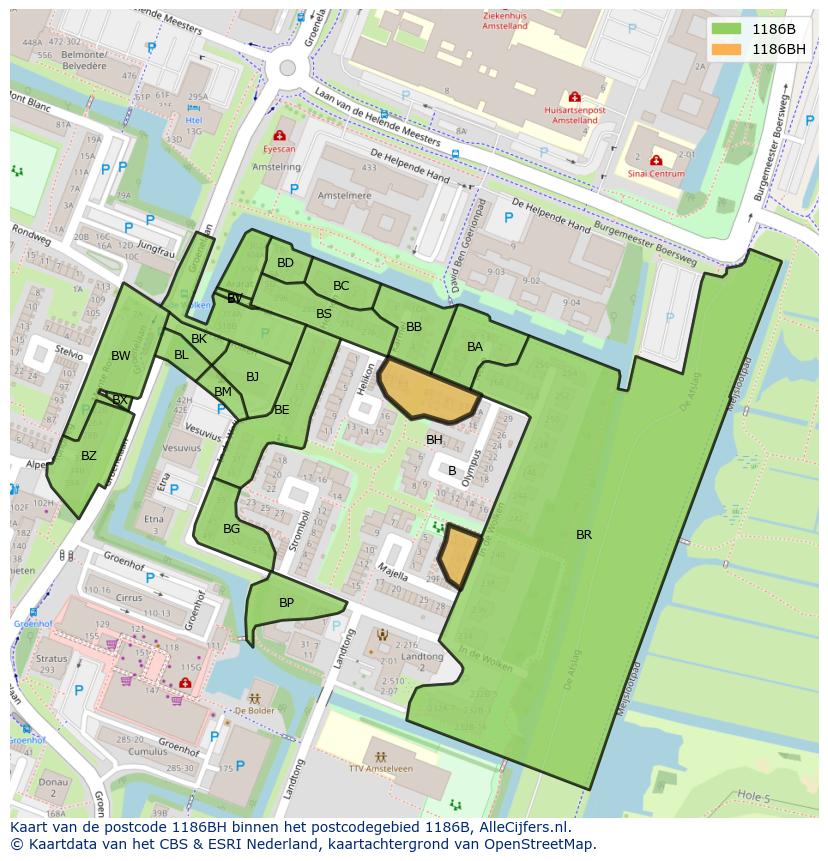Afbeelding van het postcodegebied 1186 BH op de kaart.