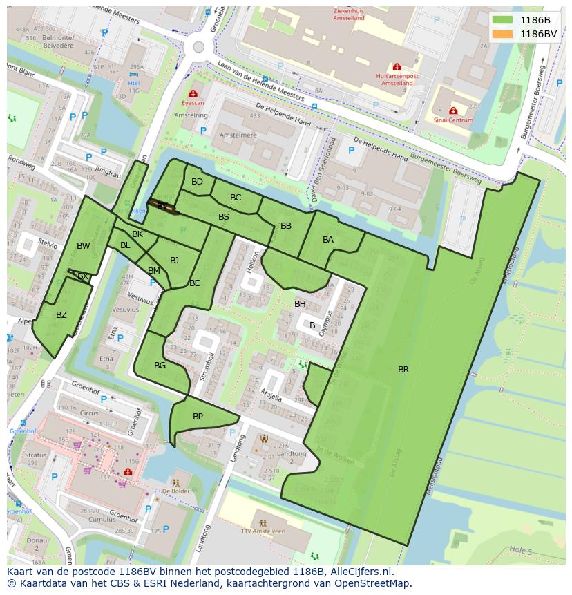 Afbeelding van het postcodegebied 1186 BV op de kaart.