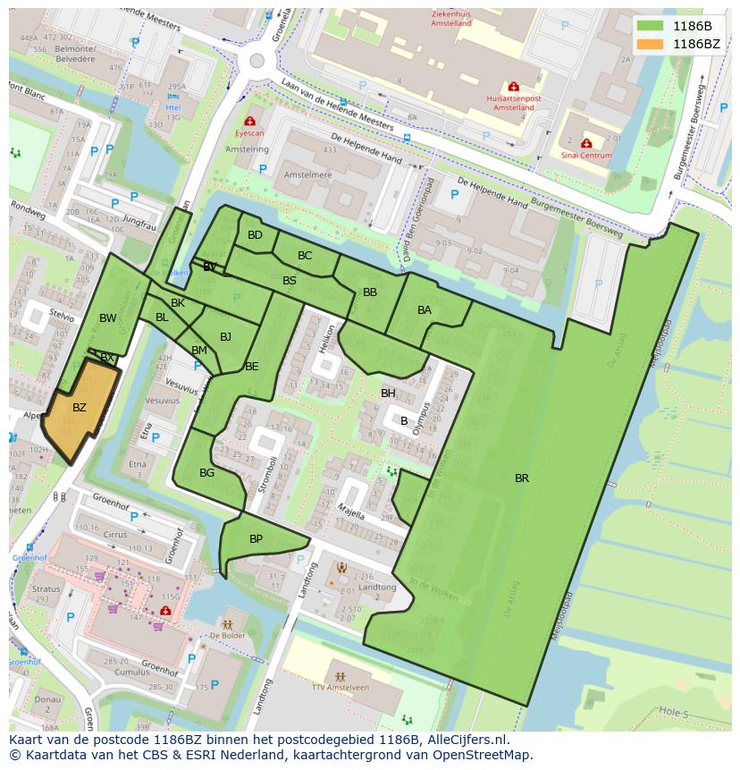 Afbeelding van het postcodegebied 1186 BZ op de kaart.