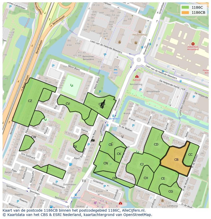 Afbeelding van het postcodegebied 1186 CB op de kaart.