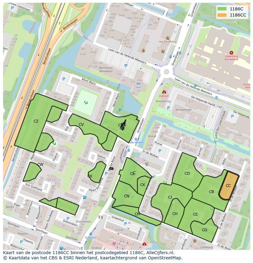 Afbeelding van het postcodegebied 1186 CC op de kaart.